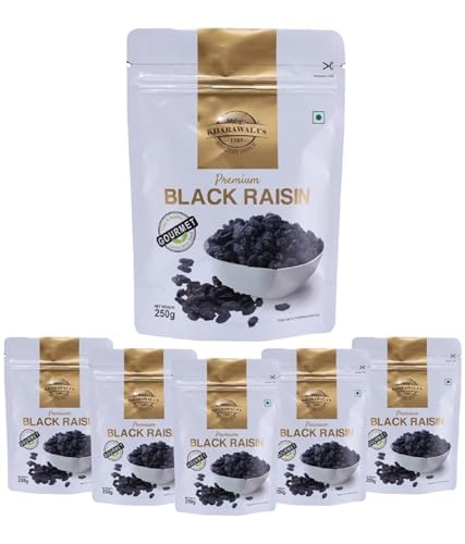 Image of KHARAWALA'S Afghani Black Raisins with Seeds - Pack of 6 (250gm Each) | Kali Kishmish | Munakka | Dry Fruits | Premium Abjosh | Healthy Nuts