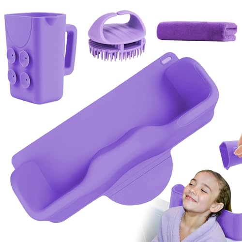 Vurlexat Portable Hair Washing Station for Kids, Silicone Hair Wash Basin with Suction Rinse Cup, Tear-Free Shampoo Bowl with Absorbent Towel and Shampoo Massage Brush for Sink or Bathtub(Purple)