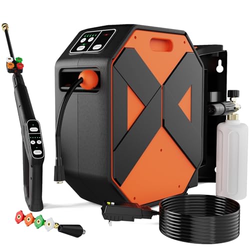 DGIVOVO GFCI Wall Mounted 5000PSIMAX PowerWasher with 100FT Retractable Hose, 5-Stage Adjustable...
