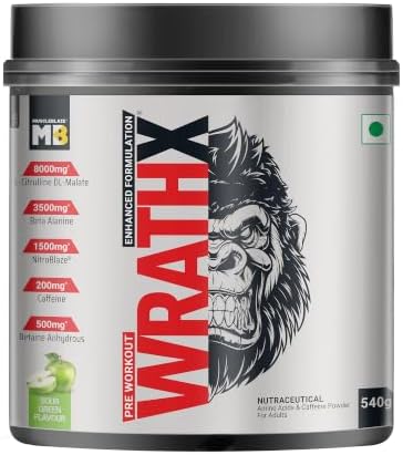 MuscleBlaze Pre Workout WrathX Powder, Sour Green, 540g, 30 Servings