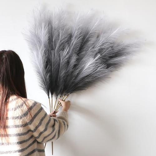 Image of YiYa Artificial Pampas Grass Decoration 6 Pcs 113CM Large Pampas Grass Stems Gradient Black Fluffy Artificial Pampas Grass for Floor Vases Tall Plant Flowers Boho Home Decor Office Decor