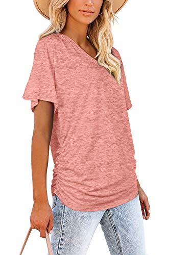 Image of WIHOLL Womens Summer T-Shirts Short Sleeve V Neck Dolman Tops with Side Shirring Loose Fit Shirts Spring Fashion