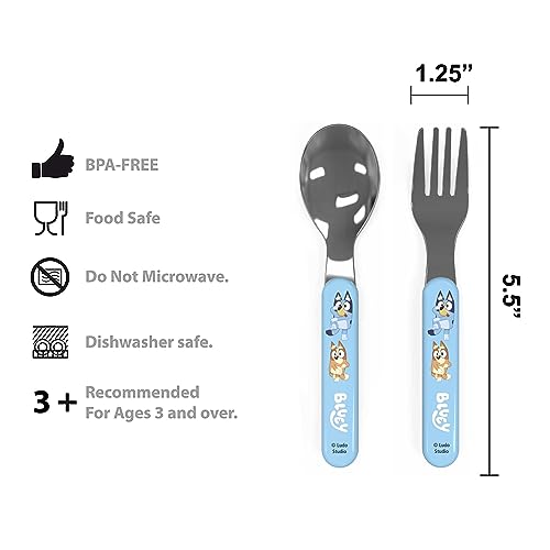 Zak Designs 5-Piece Dinnerware Set, Bluey - Durable Plastic & Stainless Steel - Includes Water Bottle, 8-Inch Plate, 6-Inch Bowl, Fork & Spoon - Suitable for Kids Ages 3+