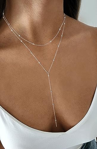 silver plated necklace for women dainty silver plated long lariat y necklace for women trendy chain pendant simple for wedding christmas gifts