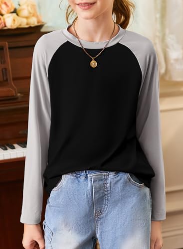 blibean Tween Girls Fall Shirts Tween Kids Girl Long Sleeve Tshirts Cute Color Blocked Tops Fashion Clothes Size 14-15 Years Old A Black3