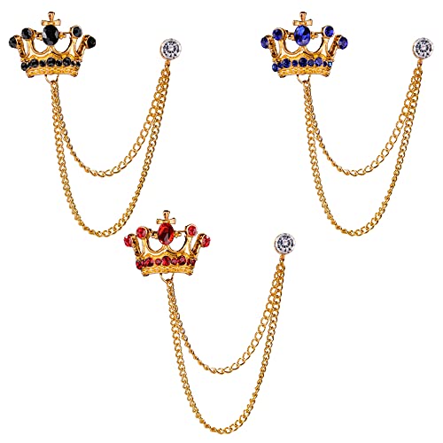 3 piezas de broche de camisa para hombres, pines de broche de corona, camisas de pin de solapa, capas de cadena de collar, cadena de borla de cadena, rojo azul verde, Metal Metal Cristal Cover