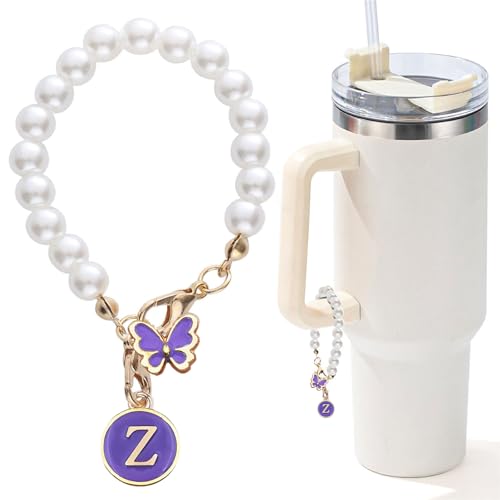 Image of Letter Charm for Stanley Cup,Pearl Chain Accessories Stanley Cup Initial Charms for Handle Stuff Decor Water Bottle Jewelry Tumbler Cute Personalized Name ID Decorations Purple Tag Z