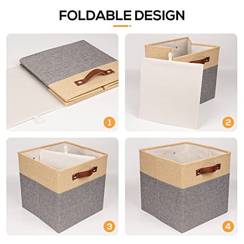 Mivcinn 3 Pcs Cubes Storage Boxes 28x28x28cm Foldable Storage Baskets with Handle and Base Panel, Folding Box Collapsible Organiser for Kallax Wardrobe Cabinet Chest Home, Yellow/Grey - Image 3