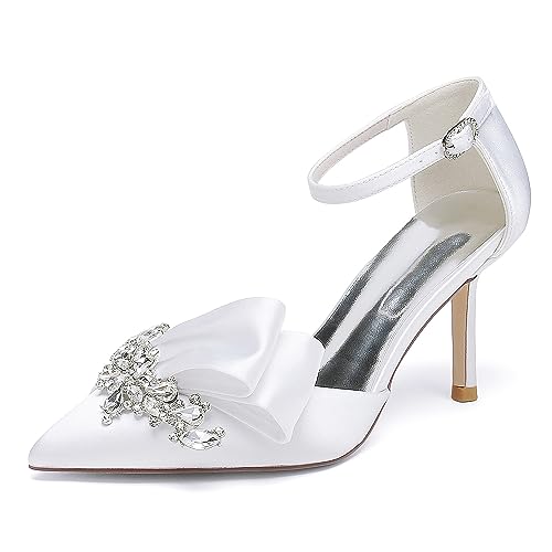 Pointed Toe White Wedding Shoes for Bride High Heels Satin Bridal Shoes Ankle Strap Crystal White Heels Dress Shoes for Women Pumps