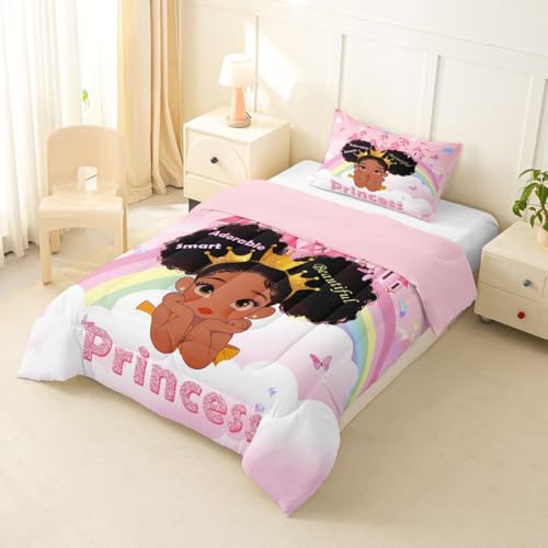 Image of Erosebridal Black Girls Twin Comforter Set Pink Rainbow Princess Bedding Set for Kids Nursery African American Quilt Set Black Princess Girl Duvet Insert Pretty Little Girls Inspirational Bed Set