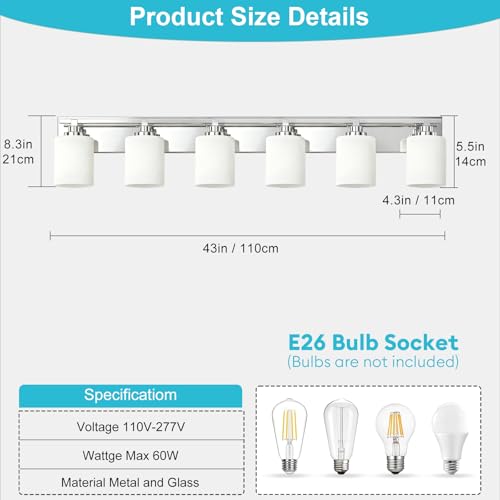 Image of Modern Bathroom Lighting Fixtures Over Mirror, Vanity Lights for Bathroom, Wall Sconces with Milky White Glass Shades, E26 Ceramic Socket, 6-Light 43-inch Chrome