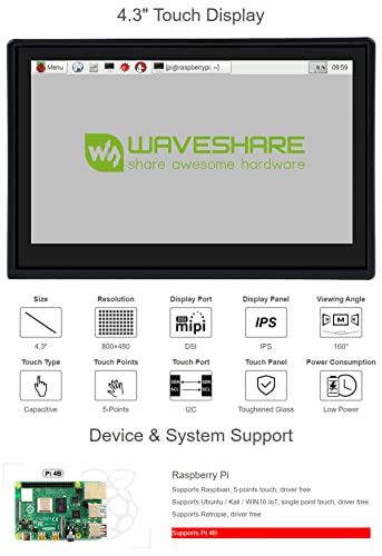 Image of Waveshare 4.3inch Capacitive Touch Display Compatible with Raspberry Pi 4B Comes with Protection Case 800x480 Resolution IPS Wide Angle MIPI DSI Interface