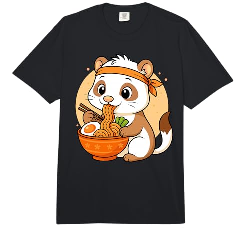 Kawaii Ferret Eating Ramen Graphic Japanese Ferret Graphic Comfort Colors Adult Heavyweight T-Shirt