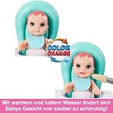 Barbie Skipper-Puppe und Spielset mit Accessoires, Babysitting-Set zum Thema Essen, Spielzeug mit Farbwechseleffekt, HTK35