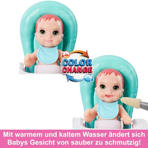Barbie Skipper-Puppe und Spielset mit Accessoires, Babysitting-Set zum Thema Essen, Spielzeug mit Farbwechseleffekt, HTK35