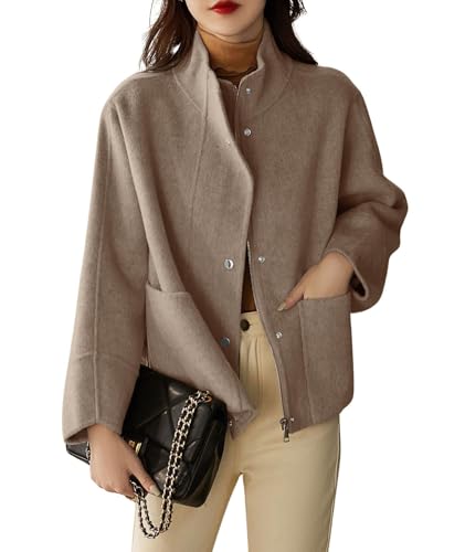 chouyatou Women's Casual Stand Collar Single Breasted Short Wool Pea Coat Overcoat with Pockets
