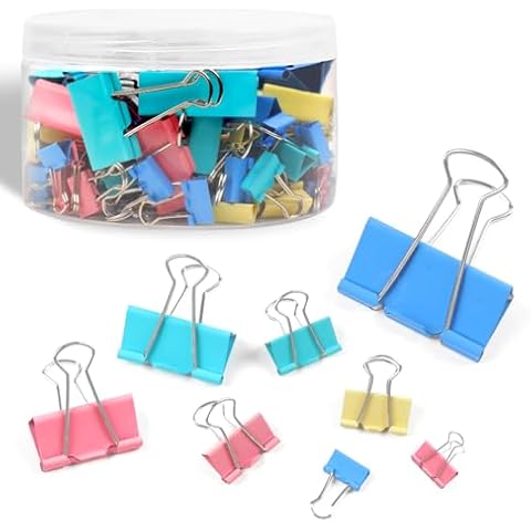 Joyberg 125Pcs Binder Clips Colored, Binder Clips Assorted Sizes, 6 Sizes Binder Paper Clips for Office Supplies/Home/School (Blue, Pink, Yellow, Green) Cover