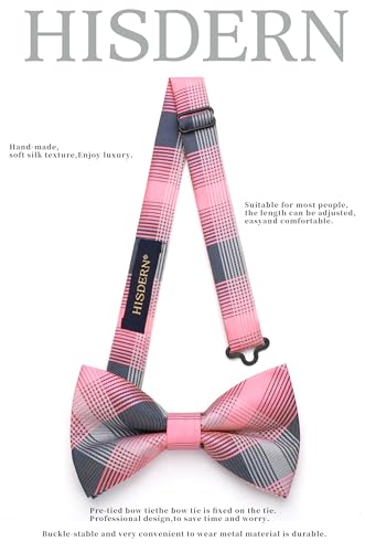 Image of HISDERN Mens Plaid Bow Tie Set Pocket Square and Cufflinks Bowtie | Pretied Bowties Design for Easy Wear,Check Pattern,Matching Handkerchief Cuff Link,3PCS Set Wedding Formal Party Groom Prom