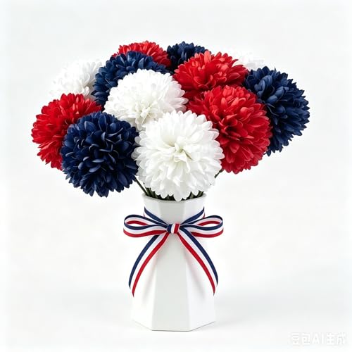 Image of Mandy's 12pcs Artificial Red White Blue Ball Chrysanthemum Flowers