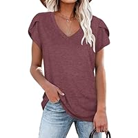 NARRAME T-Shirt d'été décontracté à Manches pétales et col en V pour Femme Grande Uni Bordeaux «XXX-Large» 3XL 54-56