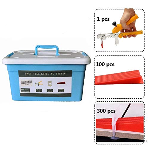 Hengmo 1/8'' (3MM) Tile Leveling System Super KIT -300 pcs Tile Spacers Clips +100pcs Reusable Tile Wedges+1 pcs Tile Floor Plier+ with Blue Tool case, PROs&DIYs Tile Tools Set for Walls & Floors