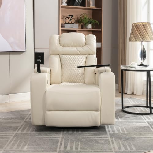 270 Degree Swivel PU Leather Power Recliner Individual Seat Home Theater Recliner with Comforable Backrest, Tray Table, Phone Holder, Cup Holder, USB Port (White) BOX 1 of 2 ONLY