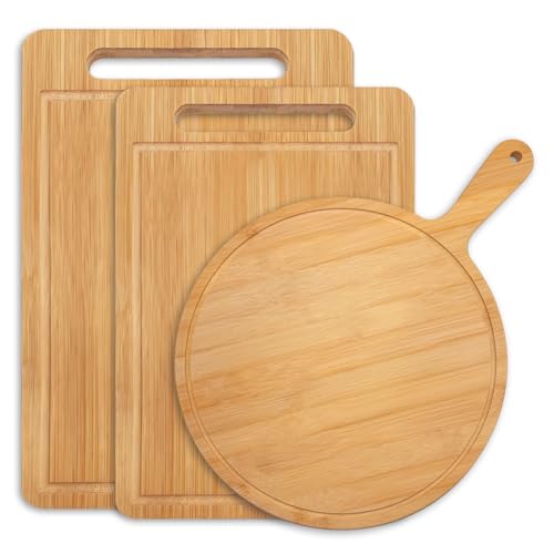 3-Piece Large Bamboo Cutting Board Set for Kitchen, Heavy Duty Chopping Boards Chopping Mats with Deep Juice Grooves & Handles, Reversible Charcuterie Serving Trays for Meat Vegetables Fruits Pizza