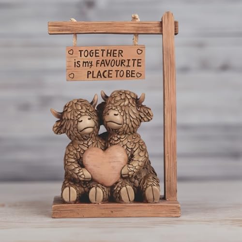 Estatua de pareja de vacas Highland 8.25" pintada a mano