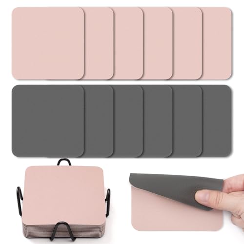 Myir JUN Coasters Glass Coasters set of 12 4 inch Double Sided Faux Leather Coaster Waterproof Non-slip Easy to Clean with Coaster Holder(Gray Pink)