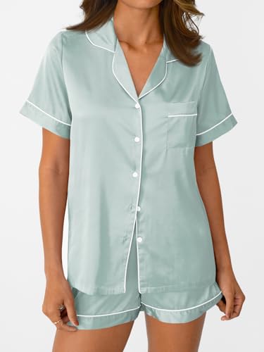 Image of AUTOMET Women Silk Satin Fall Pajama Set Matching Lounge Pjs Button Up Soft 2 Piece Suit Ladies Tops and Shorts