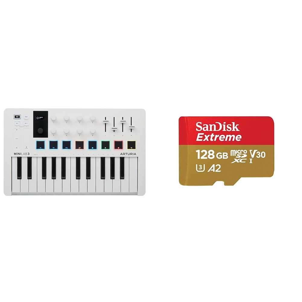 Arturia - MiniLab 3 - Controlador MIDI Universal para Producción Musical, con Paquete de Software & SanDisk 128GB Extreme tarjeta microSDXC + adaptador SD + RescuePro Deluxe hasta 190 MB/s