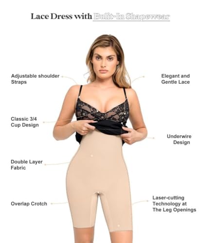 Image of Popilush Lace Midi Dress Shapewear Dresses for Women V-Neck Slip Adjustable Straps Bodycon Slip with Underwire