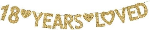 Cartel de 18 años de amor, decoración de fiesta de cumpleaños 18, aniversario de boda, letrero de papel dorado con purpurina