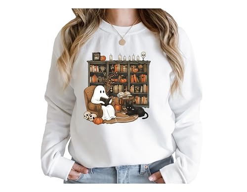 Ghost Reading Book Sweatshirt, Halloween Bookshelf Sweatshirt, Ghostly Bookish Hoodie, Black Cat and Book Sweatshirt, Cute Ghost Book Sweatshirt, Book Lover Halloween Sweatshirt.