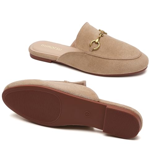 Image of Minorsu Buckle Mules for Women Flats Loafers Shoes for Work Office Business | Slip on,Round Toe,Backless,Slides, Casual
