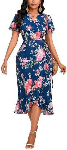 Women’s Summer Floral Maxi Dress Short Sleeve Wrap Ruffle Hem Spl...