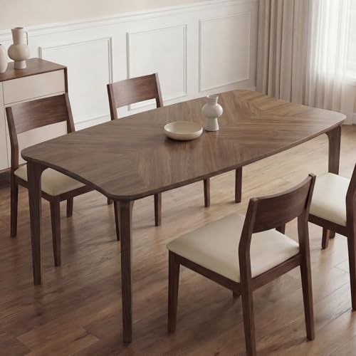 Image of HNY Modern Curved Edge Dining Table, 63 inch Solid Wood Kitchen Table with Herringbone Pattern Mid-Century Rectangular Dinner Table for 6-8 People, Walnut Color Finish