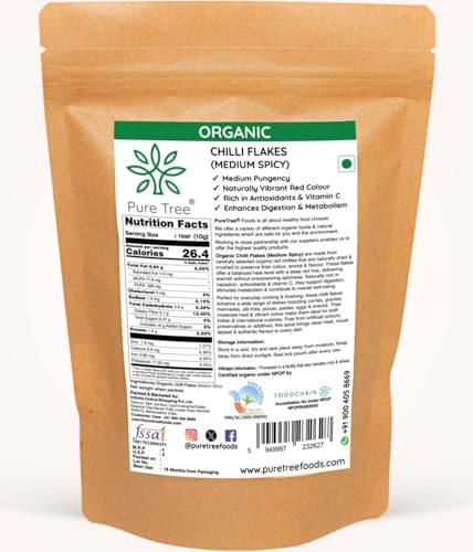 Image of Pure Tree Certified Organic Chilli Flakes Medium Spicy | 100 g | Crushed Red Pepper Flakes | Pizza Pasta Seasoning | Dried Red Chilli Pieces | Organic Spice