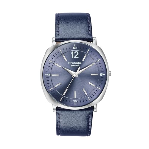 Image of Sonata Poze 6 Strokes and Stroll Quartz Blue Round Dial Men's Watch | Leather Strap Material | Watches for Men Analog - SP70002SL04