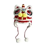 shamjina Tradition Hat with Pom Embroidered Headdress Chinese Style Crochet Autumn and Winter Handmade Warm New Year Hat, red Adult