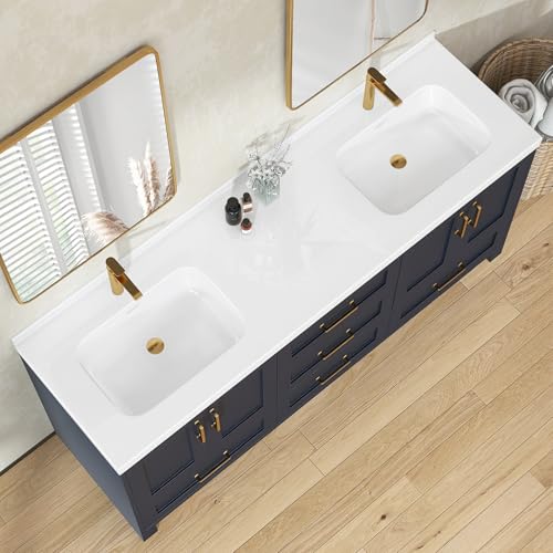 72 x 22 White Vanity Top with Sink Solid Surface Bathroom Vanity Sink Top with Double Sink Integrated Basin Backsplash and Overflow in Glossy Pure White, Cabinet Not Included