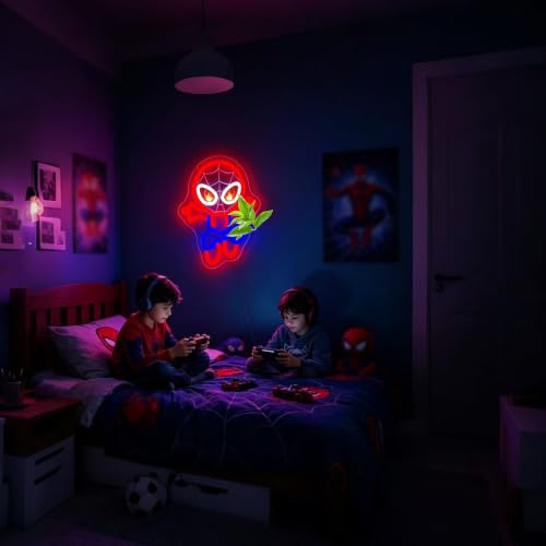 Image of Spider Neon Sign for Wall Decor Anime Neon Light for Man Cave LED Light UP Spider Eyes Sign for Bedroom Game Room Home Bar Party Birthday Gifts for Fans Boys Comic Lovers Size 13.8 x 9.8 in(FMCP406)