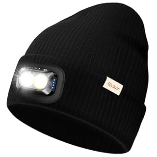 Blukar LED Super Lumineux Bonnet Chapeau, 2 en 1 Chapeau Tricoté de Course Lampe Frontale Rechargeable, 5 Modes, Angle Adjustable, Confortable Hiver Chaud Cadeaux pour Hommes et Femmes-Bandeau Inclus