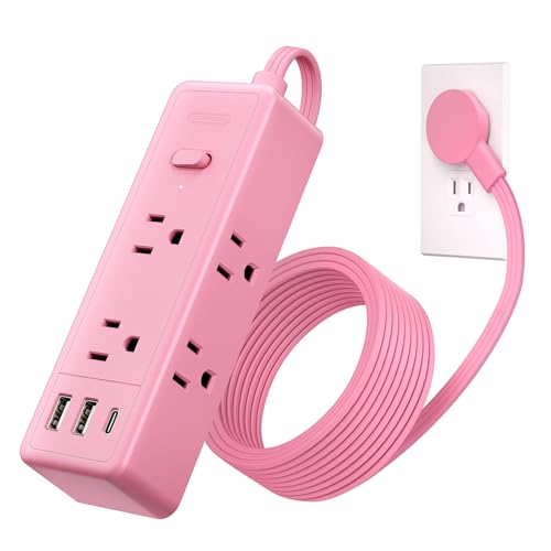 NTONPOWER Pink Extension Cord 5 ft, 1080 Joules Surge Protector Power Strip, Flat Plug Extension Cord with 6 Widely Outlets 3 USB (1 USB C), Power Strip Long Cord for Home Office Dorm Room E