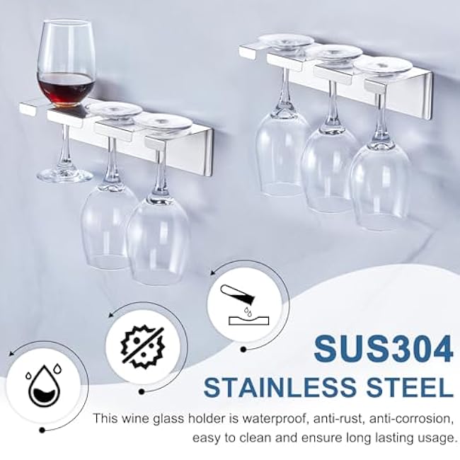 Wine Glass Holder Wine Glass Drying Rack Stainless Steel Hanging Stemware Rack Wall Mounted Adhesive Hanging Wine Glass Organizer Stemware Holder for Bar Restaurant Kitchen 2 Pack