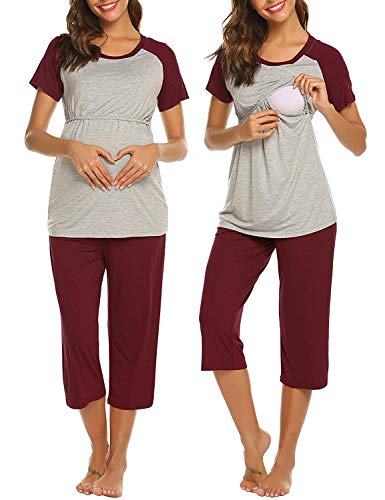 Ekouaer Women's Maternity Nursing Pajama Set Breastfeeding Pajamas Sleepwear Set (Wine Red S)