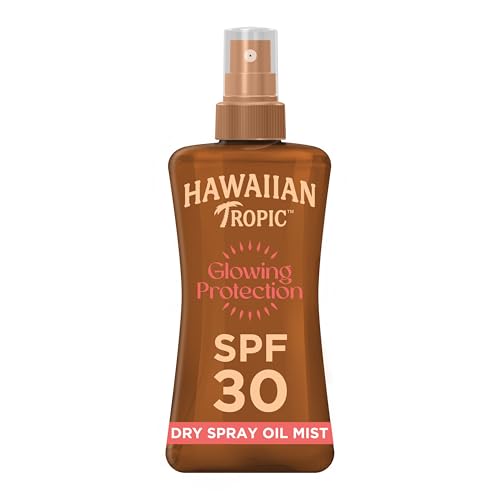 Hawaiian Tropic Glowing Protection Sunscreen Dry Oil Spray Mist Water Resistant SPF 30 UVA plus UVB Protection Sunscreen Spray Tropical Scent Sun Lotion with Island Botanicals 200 ml