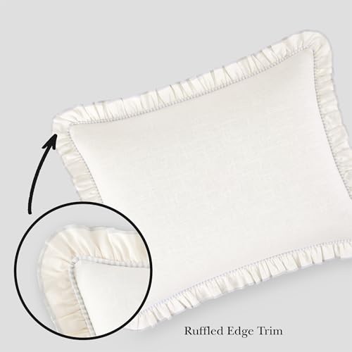 Image of kate spade new york Cotton Ruffle Full Queen Comforter Set, Cotton Linen-Like Reversible Cover, All Season 3 Piece Bedding Set, Machine Washable, White and Glacier Gray