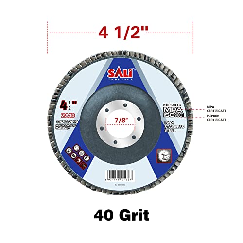 Sali 006GGY040 100 Pack Zirconia Flap Disc 40 Grit 4.5 Inch X 7/8-Inch Sanding Disc Bevel Type #29 Premium And Industrial Grade Angle Grinder Grinding Wheel High Performance Edge Grinding thumb #1