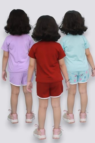 Image of Chandrika Kids Cotton Coordinated Set Pack of 3 half Sleeve And sleeveless T-Shirts & Shorts and skirt Baby Girls Summer Dress Combo